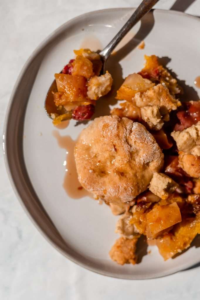 apple pumpkin cobbler with sourdough biscuit topping on a white plate, drizzled with cranberry honey. 