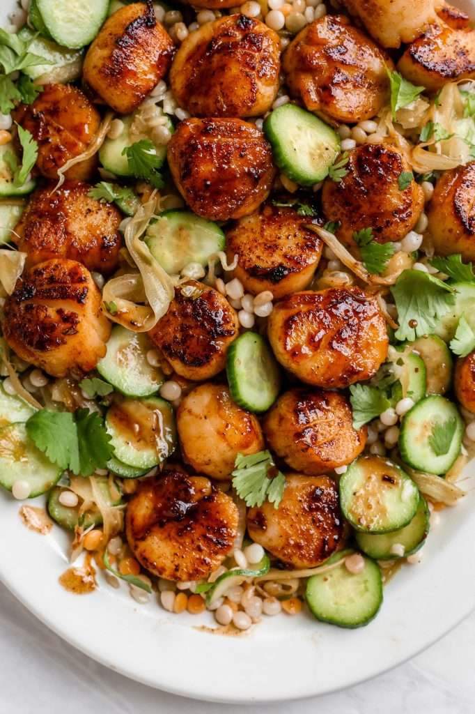 Honey Butter Blackened Scallops with Couscous Salad